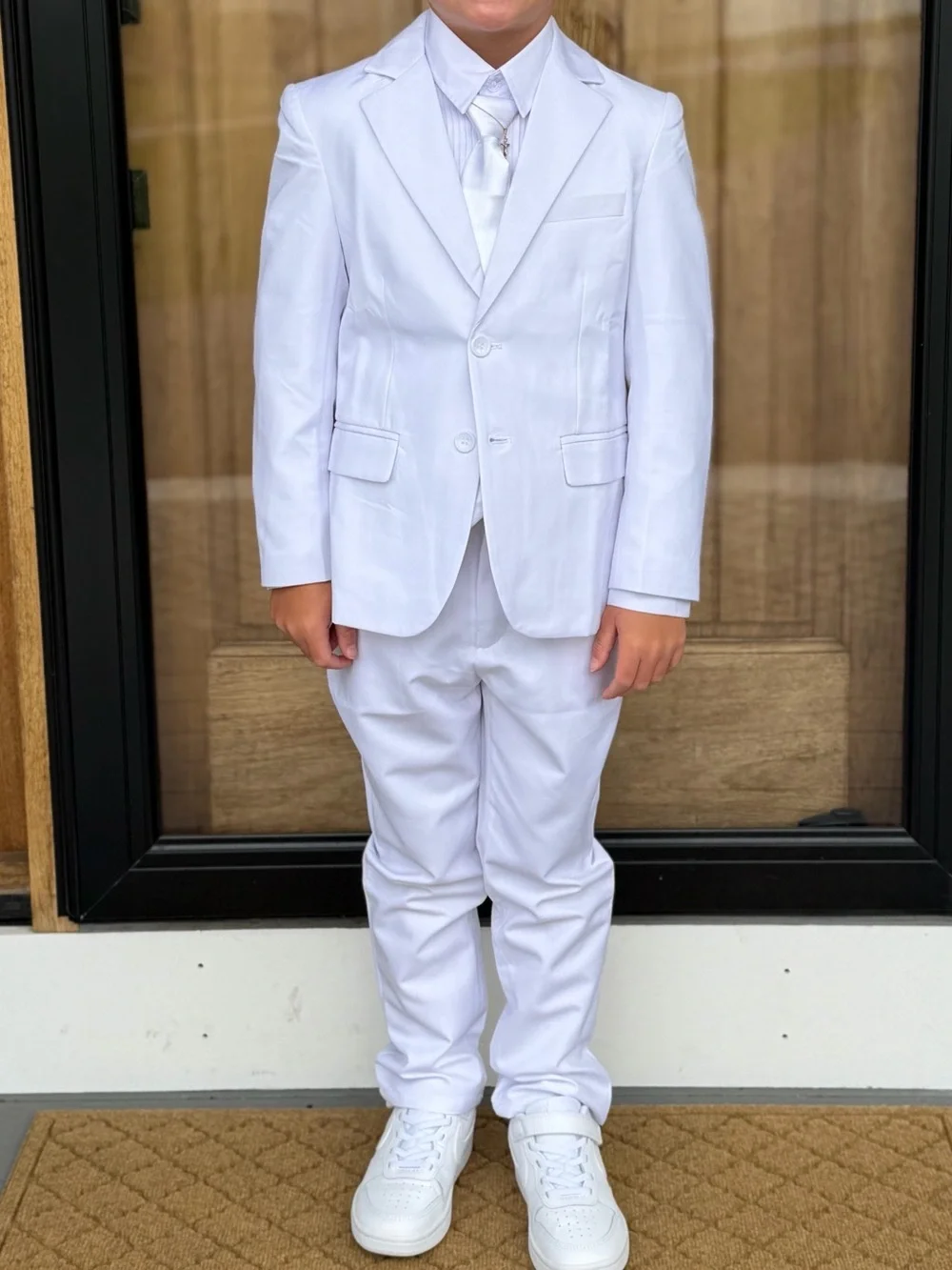 Boys White Formal Tuxedo Suit with Vest and Tie